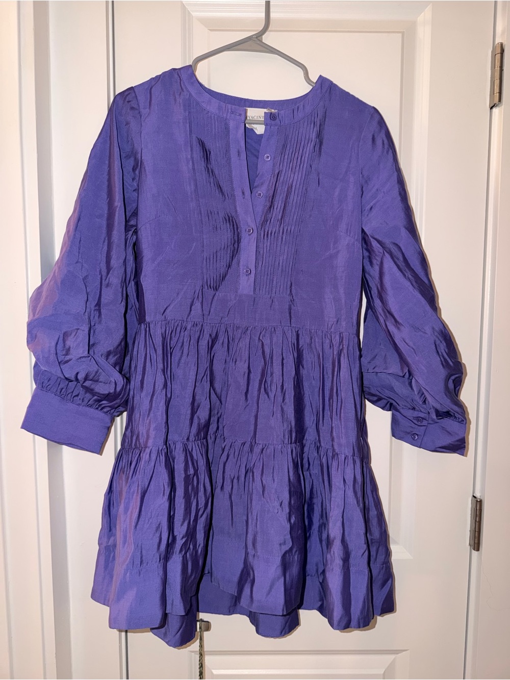 Purple Tiered Pintuck Mini Dress with Button Placket